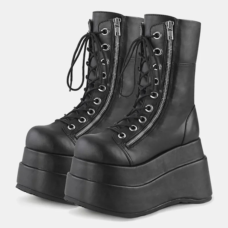

Platform Cross Tied Matte Leather Ankle Boots Sexy Round Toe Zipper Solid New Arrivals Fashion Women Boots