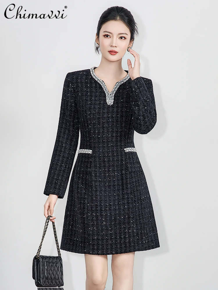 

French Elegant Commuter Beaded Sequin V-neck Long Sleeve High Waist Slim A-line Temperament Tweed Short Dress for Women Autumn