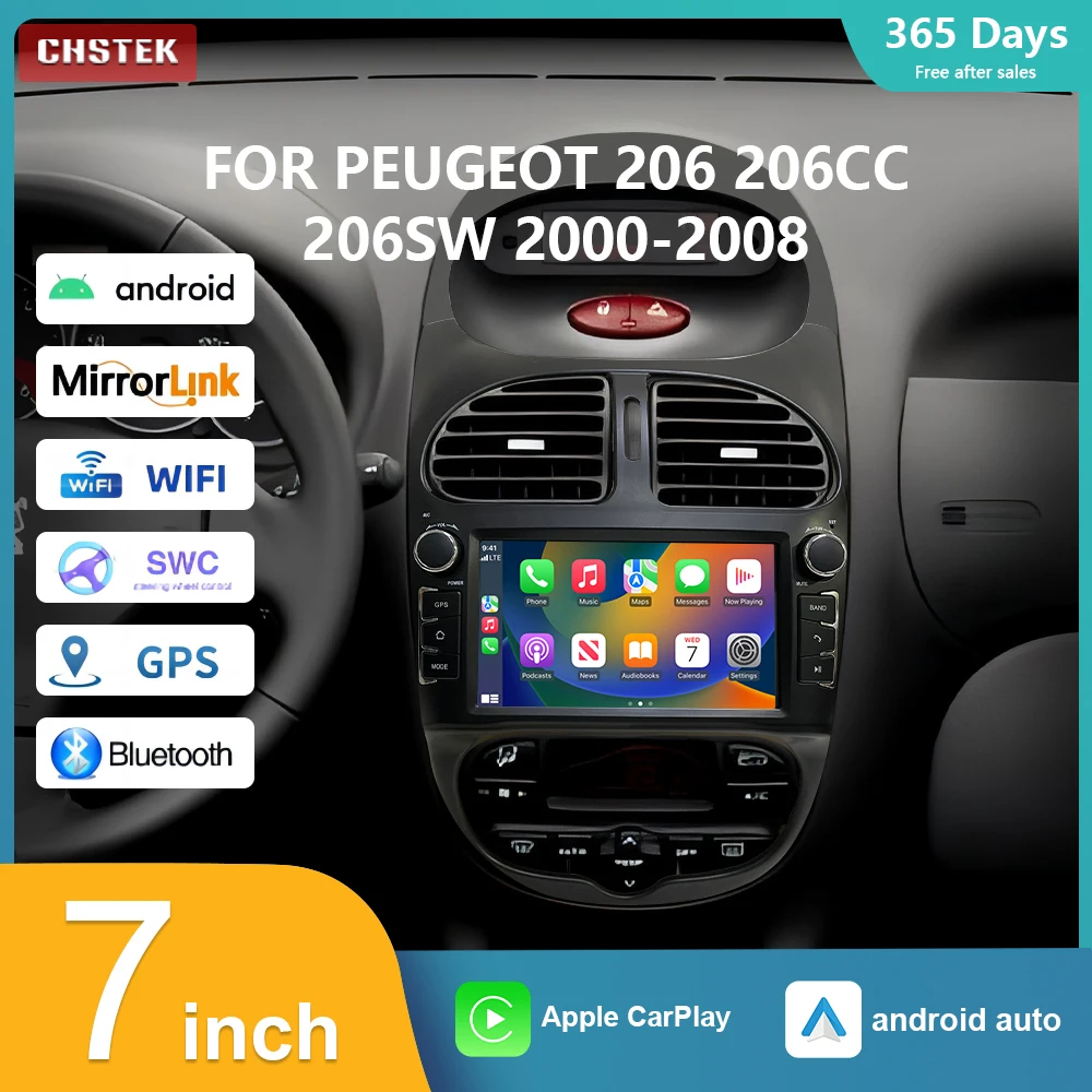 CHSTEK Car Radio Multimedia Navigation Player For Peugeot 206 206CC 206SW 2000-2016 8/2000 Android 13 Wireless Android Carplay