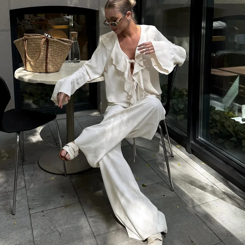 Bangniweigou V-neck draped ruffles flare sleeve shirt w/ high-waisted wide leg pants two-piece set apricot casual top and pants