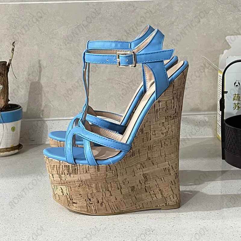 Ronticool Handmade Women T-strap Sandals Ultra High Wedges Heels Round Toe Classics Black Dress Shoes Ladies US Plus Size 5-15