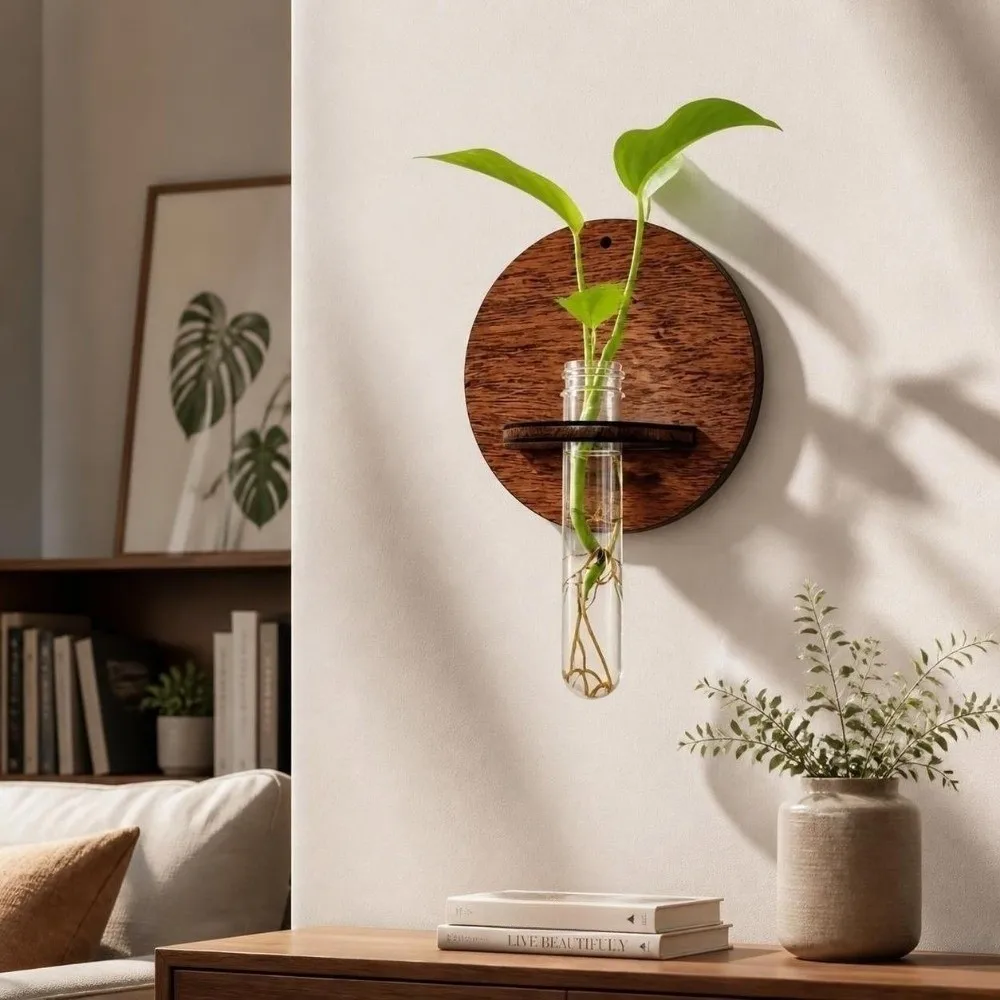 Minimalist Wooden Hydroponic Planter Shelf Vase Home Ornaments Planter Holder Retro Round Flower Pot