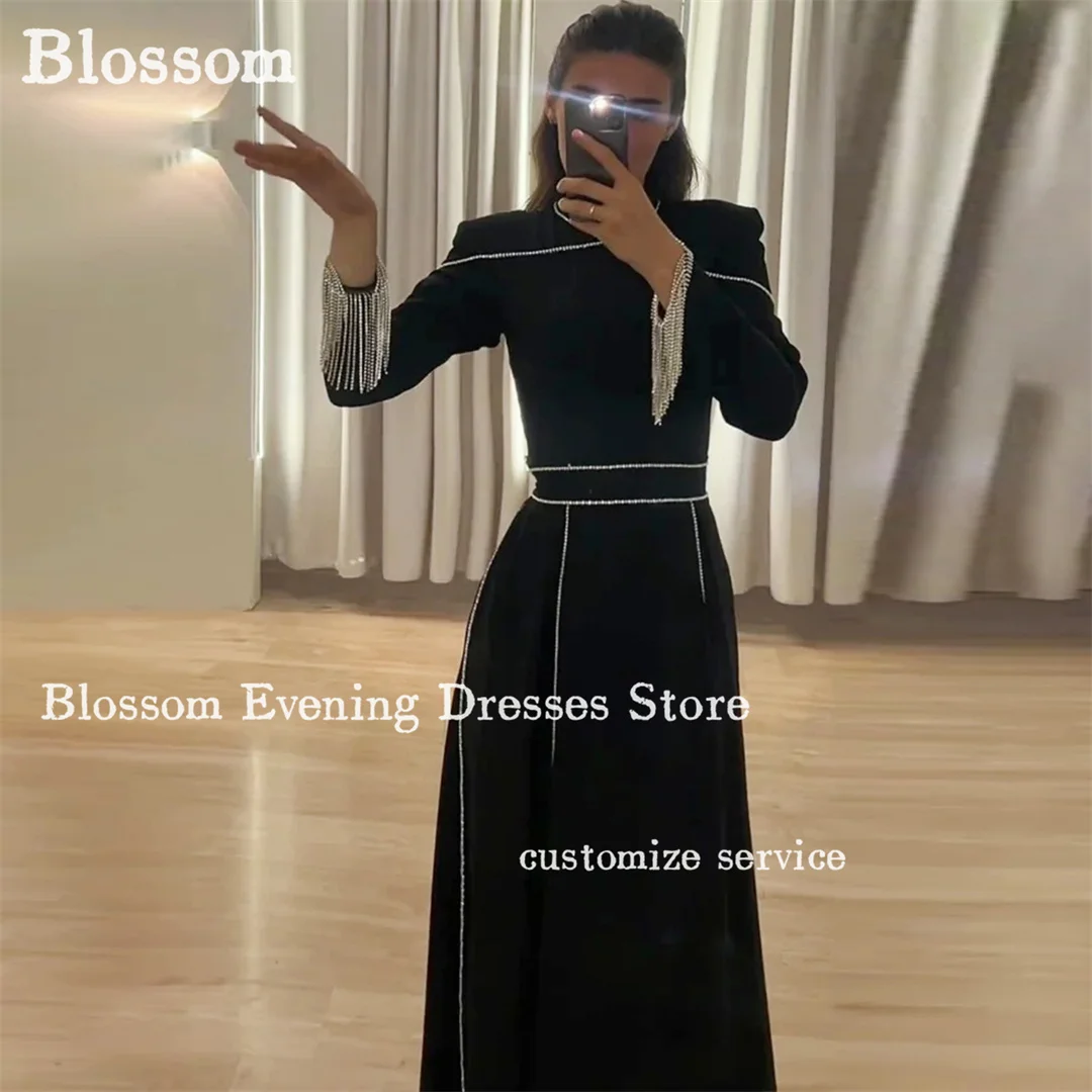 Classic Black Long Sleeves Silver Chain Prom Dresses A-line Ankle-length Elegant Women Evening Dress 2024 Formal Party Gown