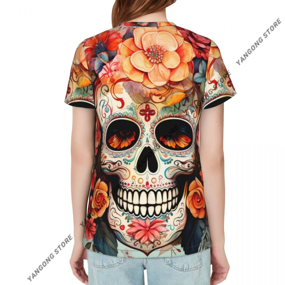 T Shirt Women Day Of The Dead Skull Tee Shirt Casual Round Neck Short Sleeve Streetwear Female T-Shirt