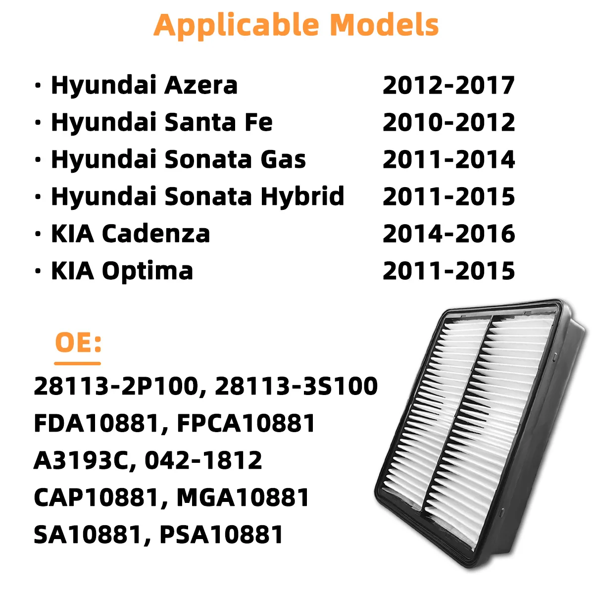 Auto-Motorluftfilter CA10881 Passend für Hyundai Azera Santa Fe Sonata Hybrid KIA Optima Cadenza Sorento, 28113-2P100, 28113-3S100 – Detail 6