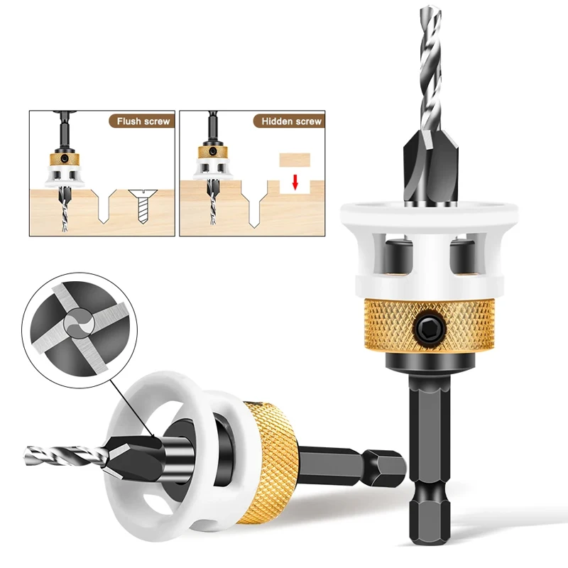 

6 шт., регулируемая глубина, четырехгранная зенковка, коническая дрель из сплава с головкой для деревообработки, пилотное отверстие, инструменты для сверления скрытого винта
