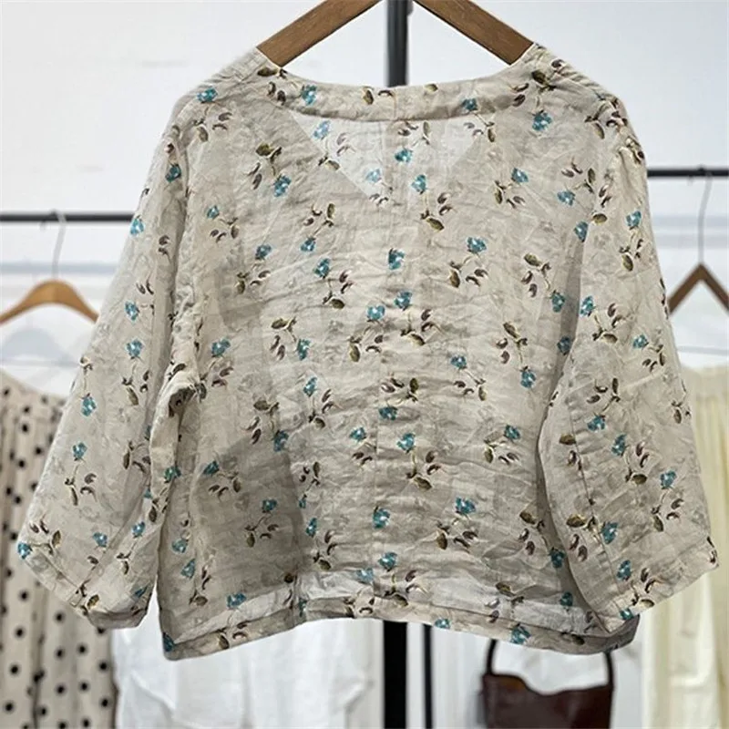 Limiguyue Vintage Floral Printed Blouse Spring Autumn Single Breasted Long Sleeve Ramie Shirts Loose V-neck Thin Women Tops 024P