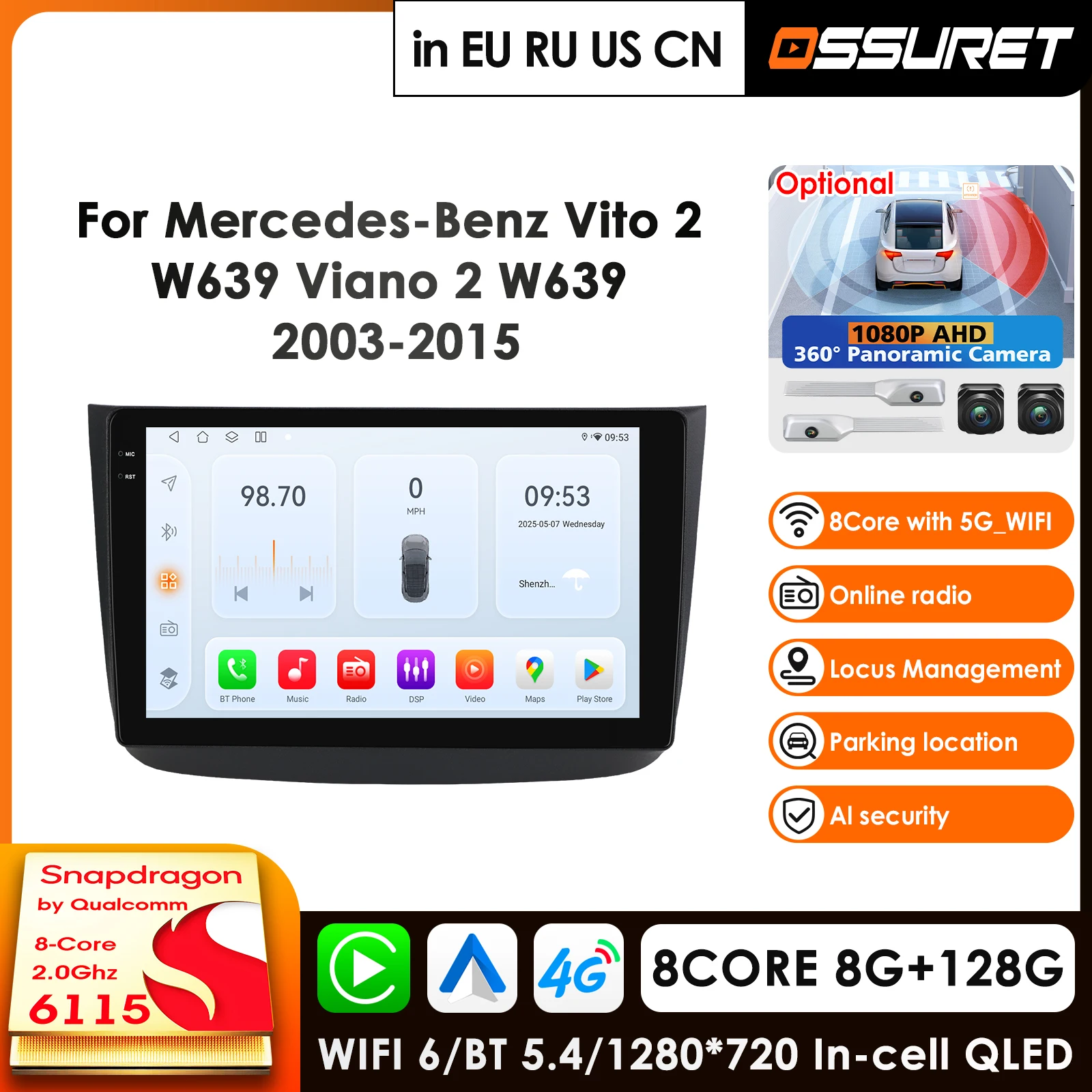 

OSSURET Snapdragon Carplay Android 14 для Mercedes Benz Vito 2 Viano W639 2003-2015 Видеоплеер Автомагнитола Мультимедиа GPS Стереосистема