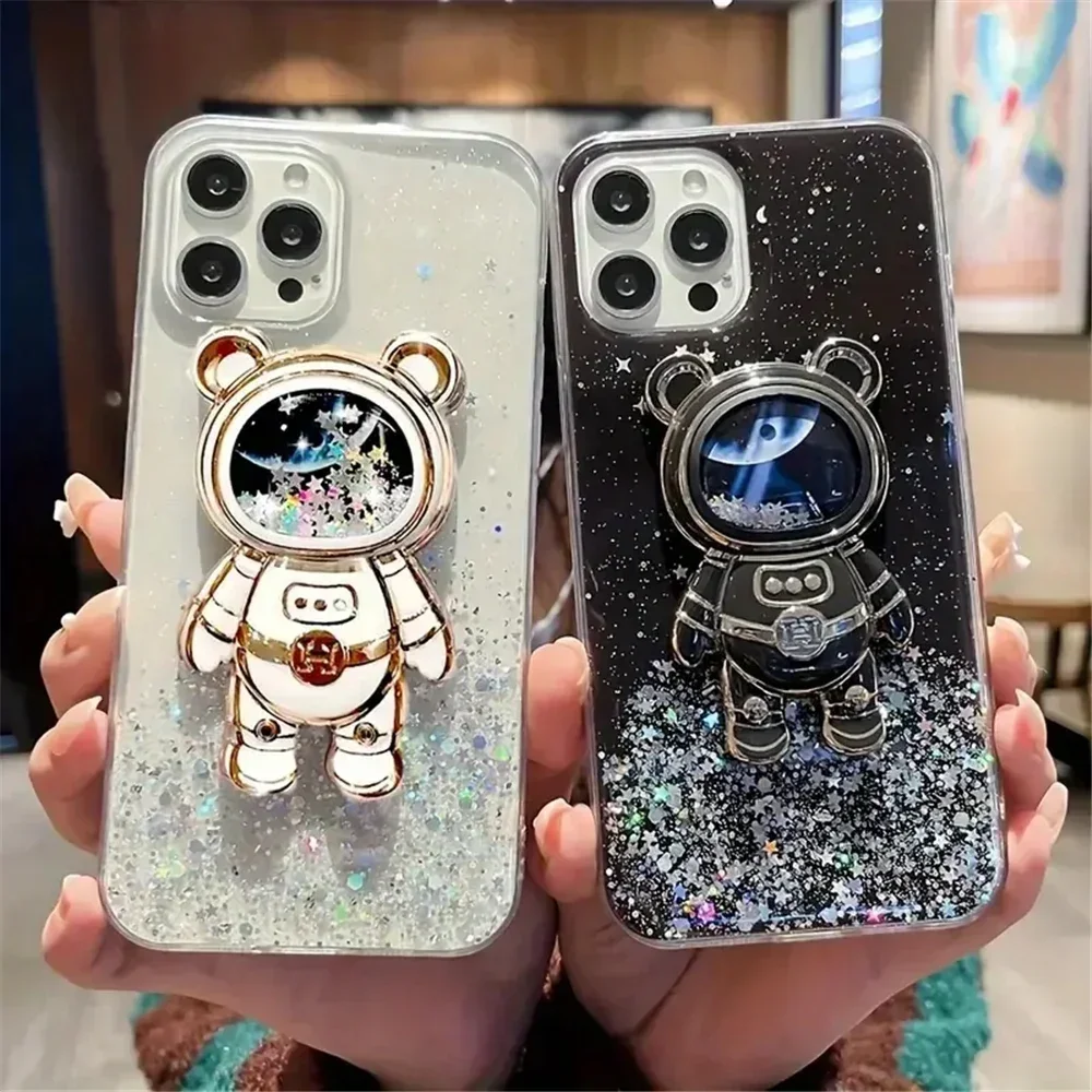 Silver Foil Bling Glitter Case For Samsung Galaxy S23 Plus S22 S21 S24 Ultra S20FE S10 Quicksand Bear Stand Holder Silicon Cover