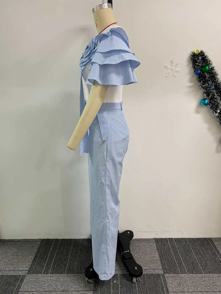 Wide Leg Woman Pants Set Summer Appliques White Top and Stripe Trouser Two Piece Office Ladies Wear Wholesale Dropshipping