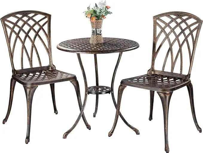 

3 Piece Cast Aluminum Patio Furniture Sets 2 Chairs And 1 Round Table With Umbrella Hole For Outdoor,