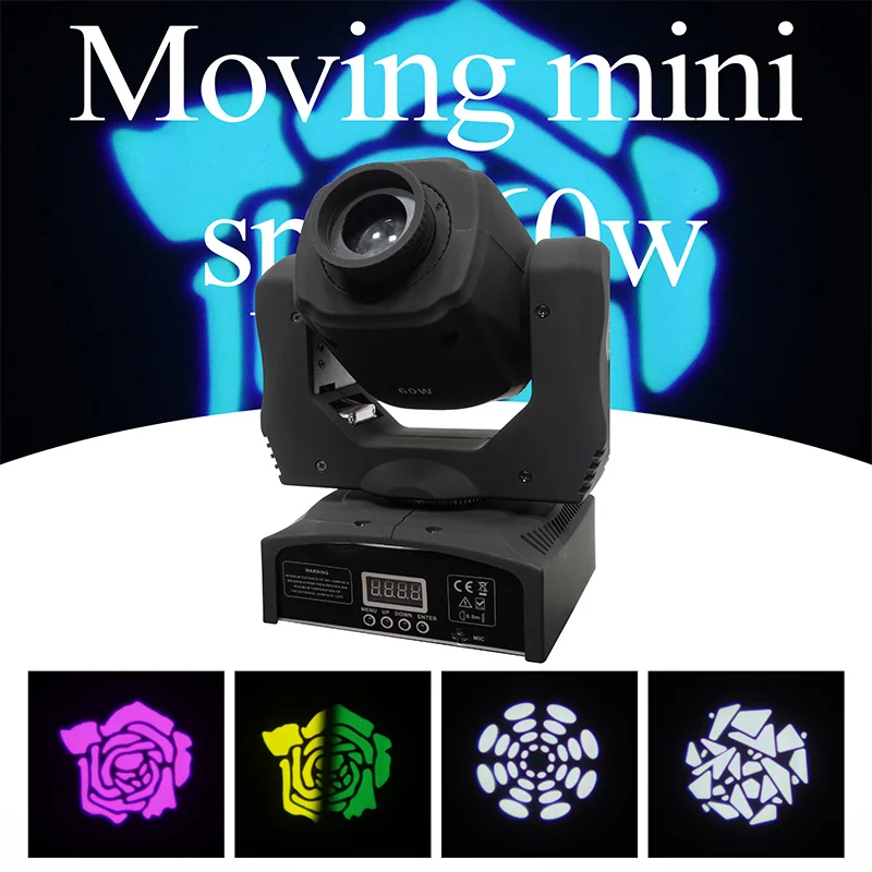 

60W Mini LED Rainbow Moving Head Beam Spot Light with 7 Gobo 7 Color Rotating Prism DMX RGBW Stage Bar Concert Party Lighting