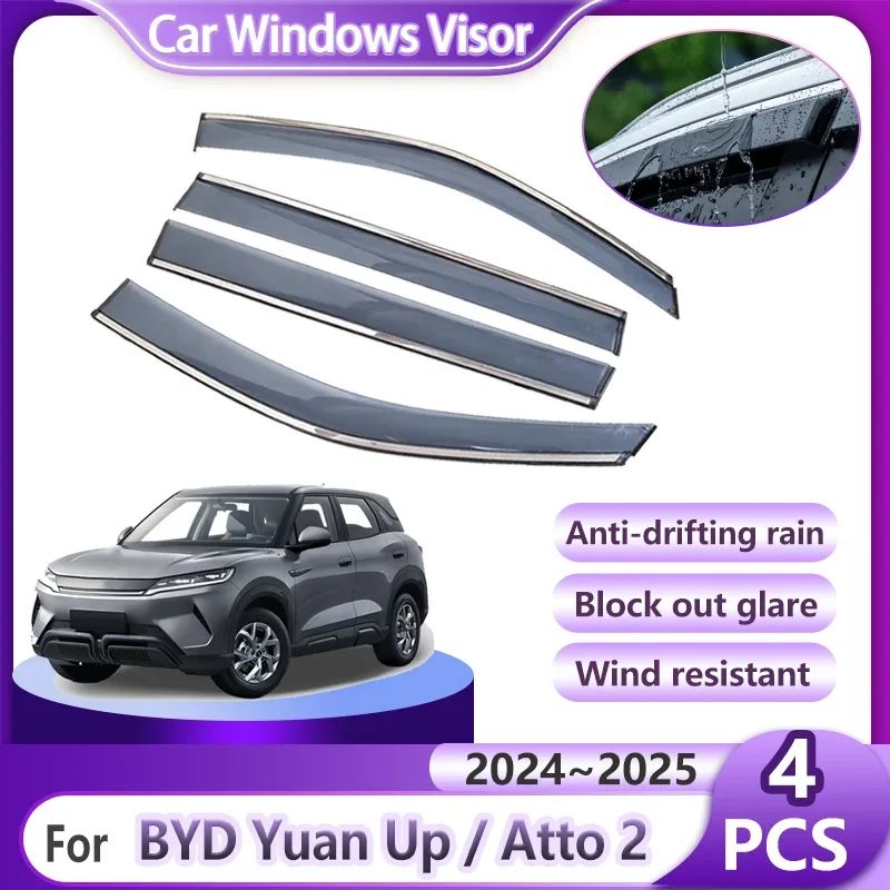 4PCS Car Window Rain Visor For BYD Yuan Up Pro / Atto 2 / S1 Pro 2024 2025 Visor Awning Guards Cover Deflector Auto Accessories