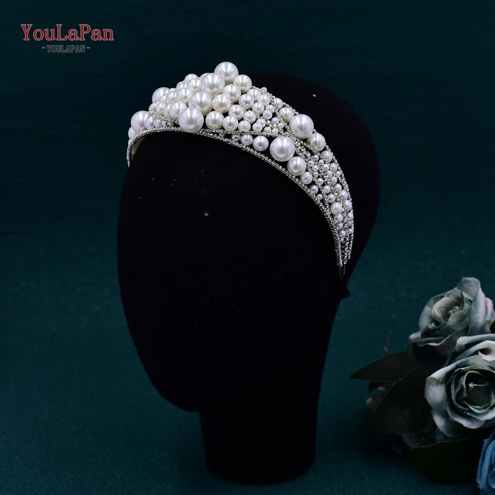 YouLaPan Handmade Big Pearl Wedding Headwear Bride Hair Decorative Silver Color Elegant Women Wedding Tiara  Accessories HP668