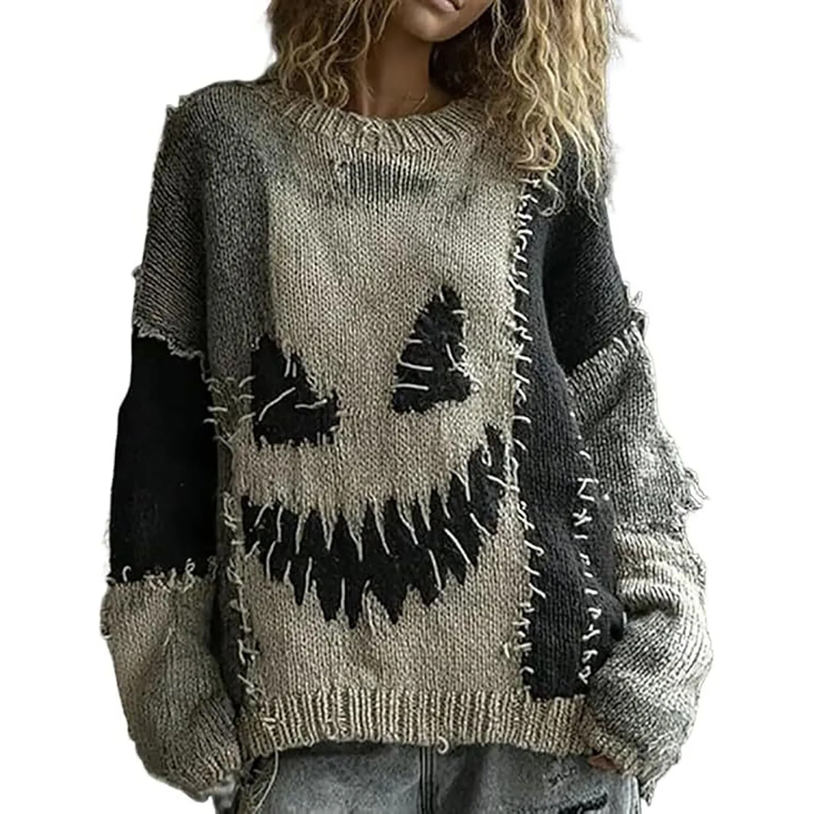 Halloween Spooky Face Patchwork Sweatshirts Loose Clothes Printed Hoodie Large Size Nylon Cotton Fashion Party Warm Long Sleeves