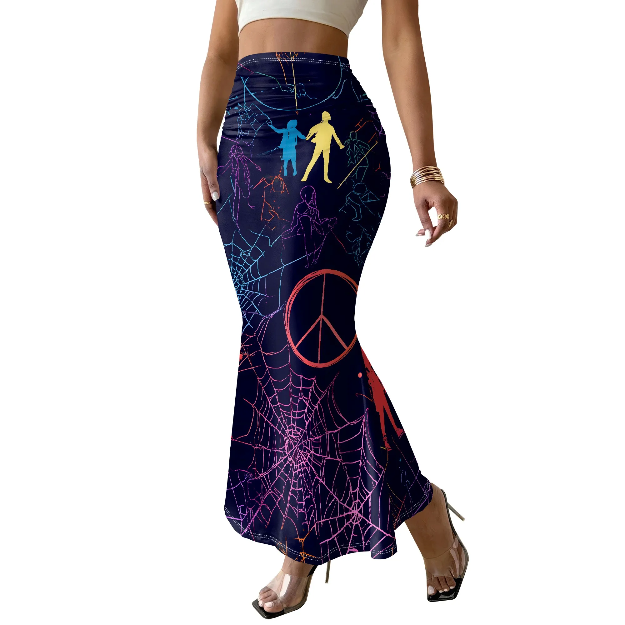 Hippie Print Mermaid Skirt, Retro Peace Sign Design, Spider Web Pattern, Festival Party Wear for Women, S-3XL
