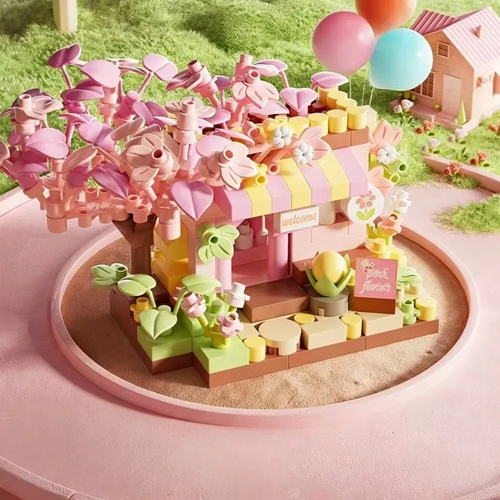 Micro Particle Building Blocks Florist Street View Sakura Tree House Ornament Build Your Own World Home Tabletop Decoration Gift