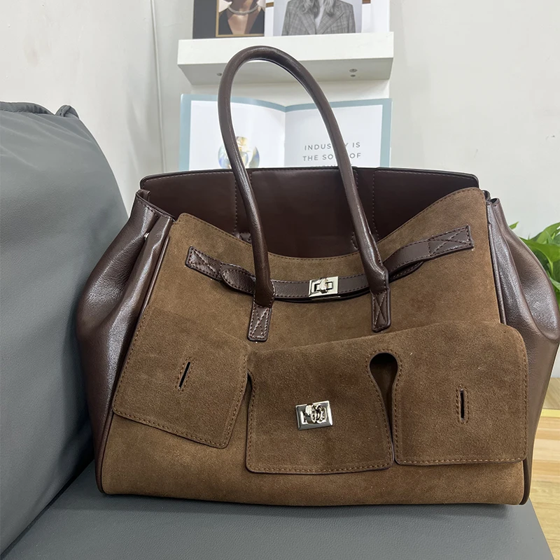 

Fashion Vintage Patchwork Tote Bag New Versatile Luxury Frosted Handbag Women's Casual Shopping Shoulder Bag With Belt Buckle