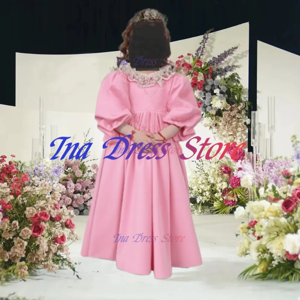 

Lovely Quality Satin Baptism Communion Gown Fluffy Flower Girl Dress For Little Princess Kids Birthday Party Wedding Dresses
