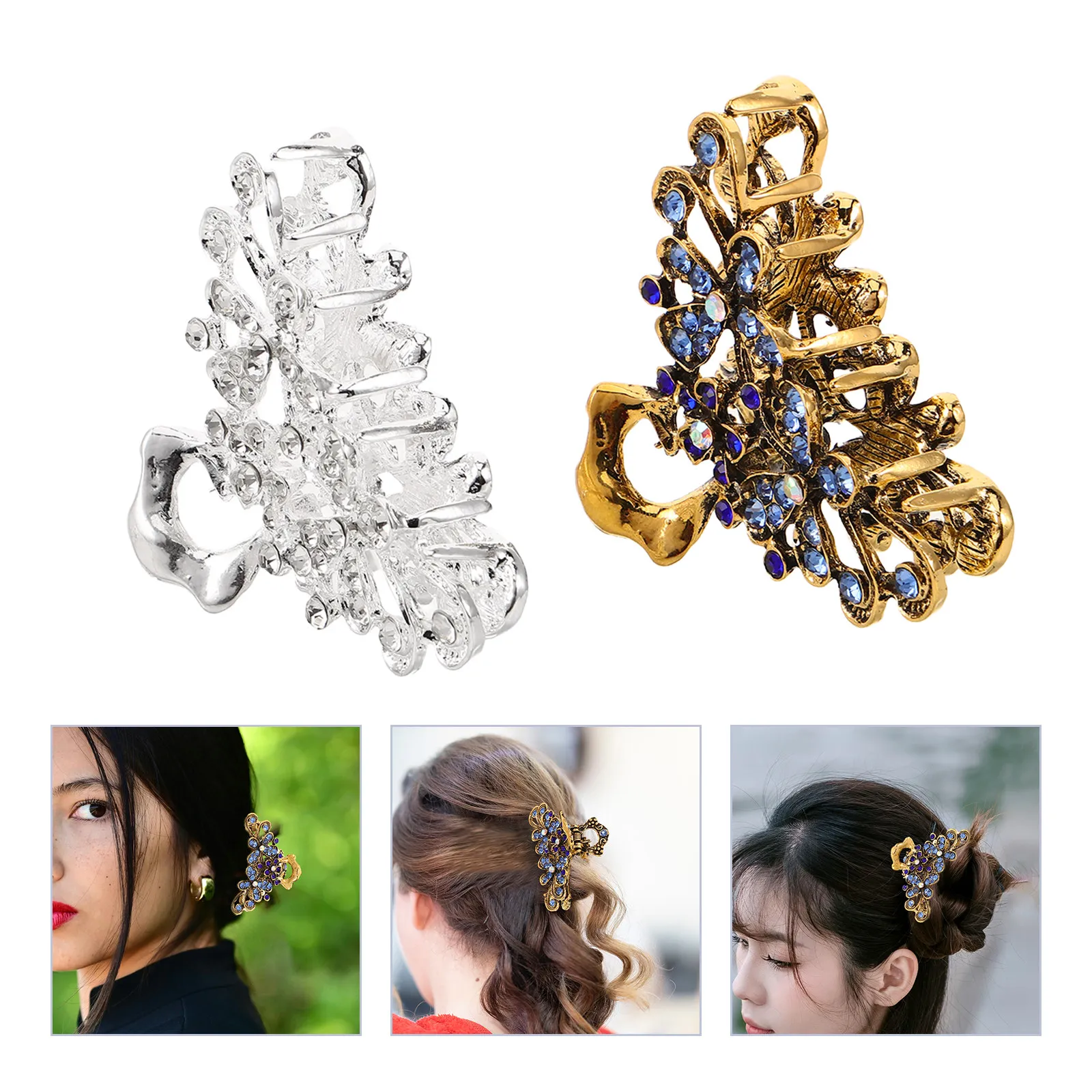

2 шт. винтажные заколки для волос с цветочным узором, стразами и кристаллами, декоративные аксессуары для волос с нескользящим захватом для женщин и девочек, для офиса и школы