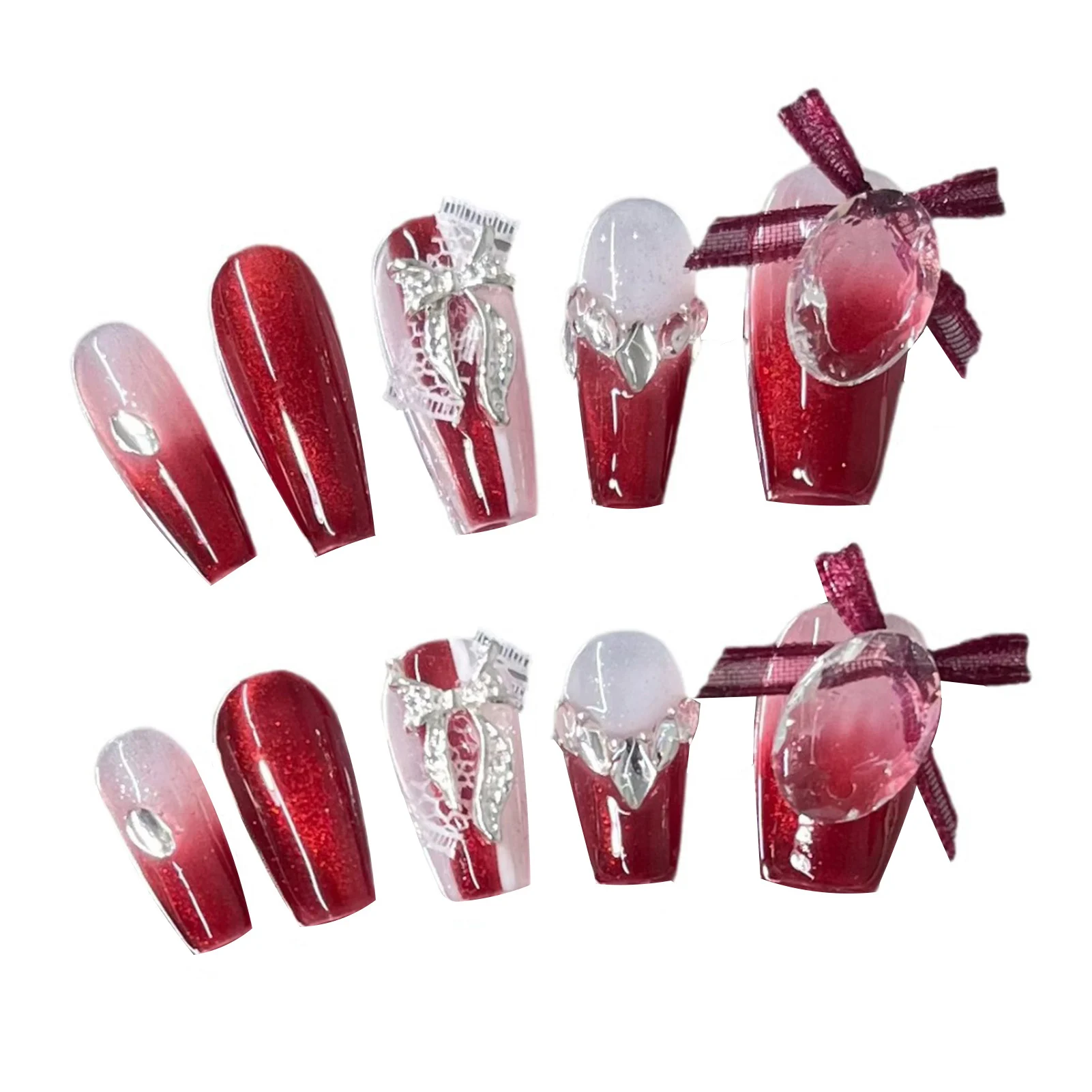 Handmade Red False Nails with  Decor Natural Unbreakable Nail Simple Wear for Women and Girl Nail Salon