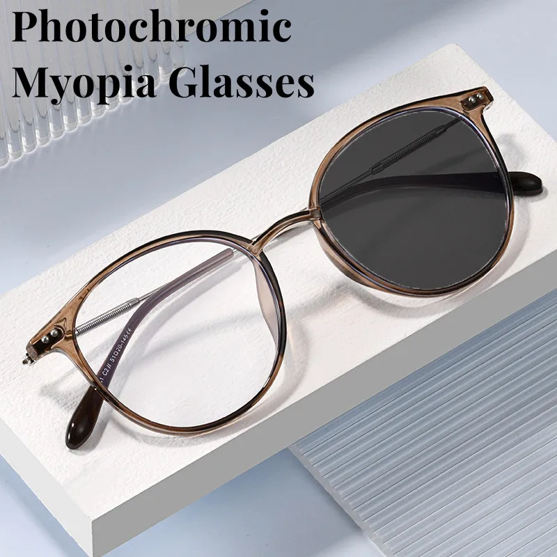 

Unisex Photochromic Myopia Glasses Women Men Ultralight Vintage Round Minus Eyeglasses Finished Prescription Eyewear Diopter