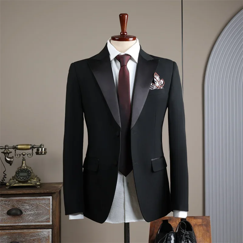 (023) Traje negro para hombre, novio de boda, traje 70% de lana para hombre, chaqueta de ropa de trabajo para sirviente civil