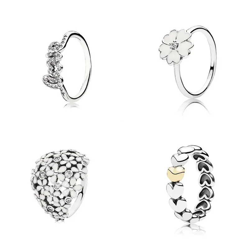 2020 New Fashion Silver 925 Darling Daisy Bouquet Signature of Love, Primrose Stackable Ring White Enamel Original Woman Jewelry