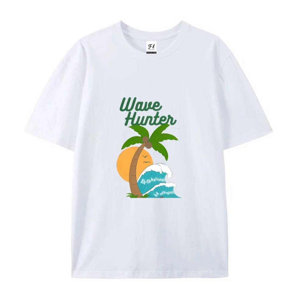 Camiseta de playa Wave Hunter, camiseta Beige con gráfico de palmera ondulada, informal, holgada, de manga corta, para verano, Surf, vibraciones, Top cómodo