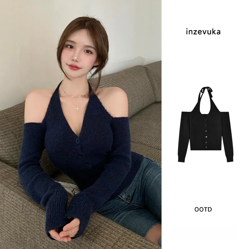 Black Pure Want Bandage Halterneck Knitwear Women's Clothes for Spring 2024 New Arrival Sexy Sexy Strapless Short