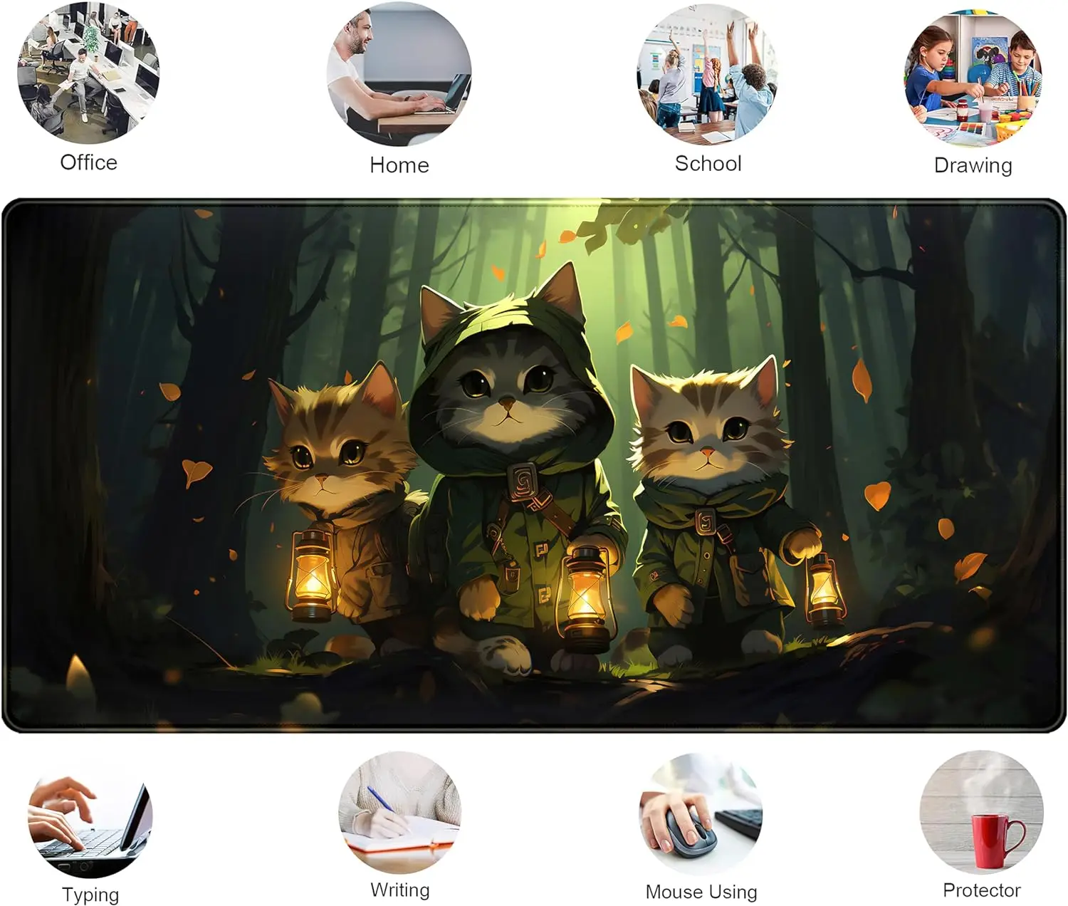 Imagem -06 - Anime Forest Cats Desk Pad para Mulheres e Meninas Bonito Kawaii Verde Mouse Pad xl Grande Gaming Mousepad com Bordas Costuradas 315x118 Polegadas