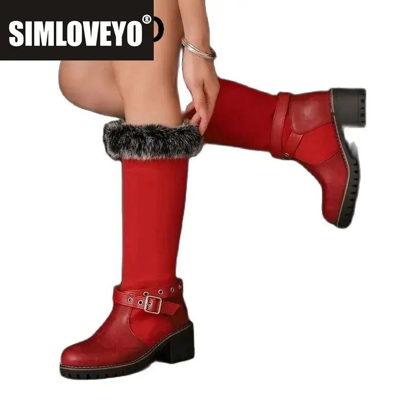 

SIMLOVEYO Зимние теплые зимние ботинки с круглым носком на блочном каблуке 4 см, без шнуровки с пряжкой на ремне, большие размеры 42 43 Классические женские сапоги до колена в стиле ретро