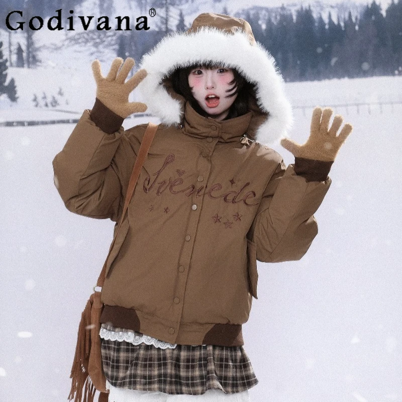 سترات سميكة مطرزة بياقة من الفرو للسيدات بأكمام طويلة وسترة قطنية فضفاضة للنساء سترات شتوية دافئة من القطن #3