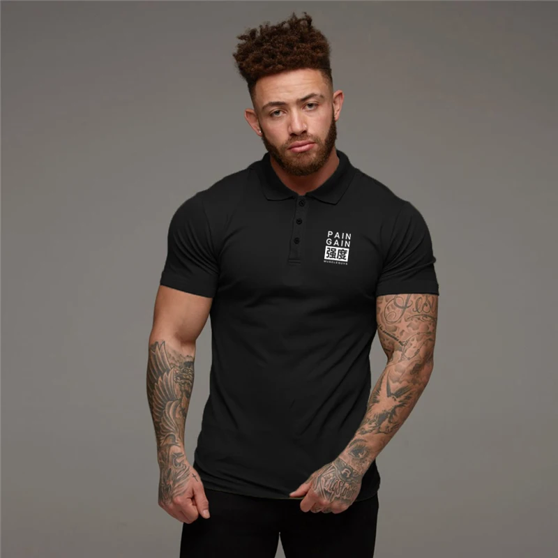 Summer Cotton Breathable Polo Shirts Men\'s Slim Fit Button Lapels Short Sleeve Sports Shirt Gym Fitness Bodybuilding Tees Tops