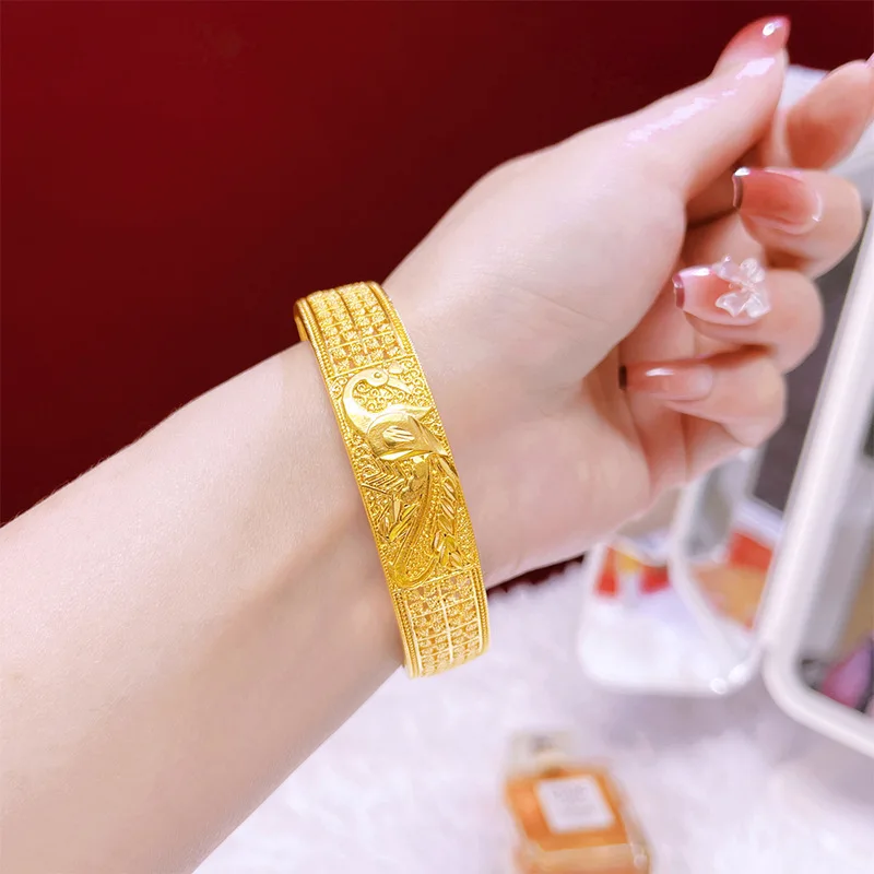 Luxury 24K 9999 Pure Gold real gold Hollow-out carved retro bracelet peacock open screen buckle bracelet