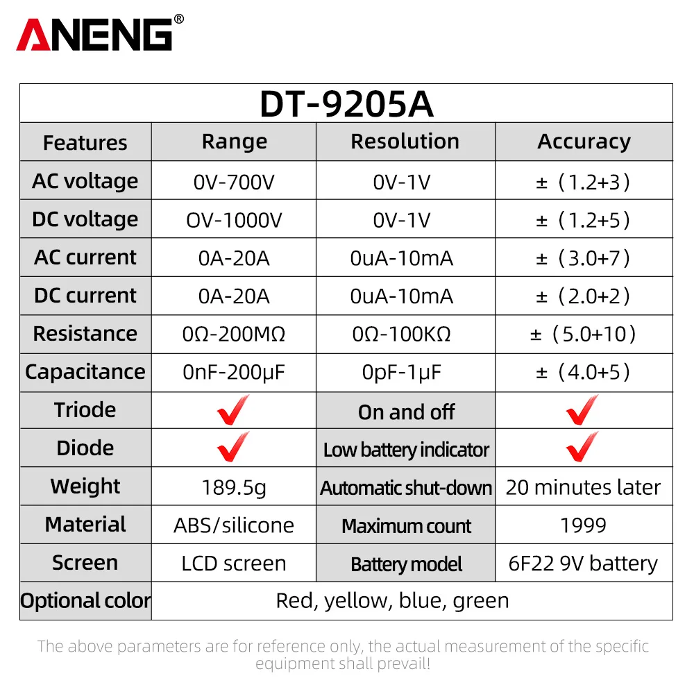 ANENG DT9205A Digital Profesional Multimeter AC/DC Transistor Voltage Tester Electric NCV True RMS Analog Auto Range Multimetro