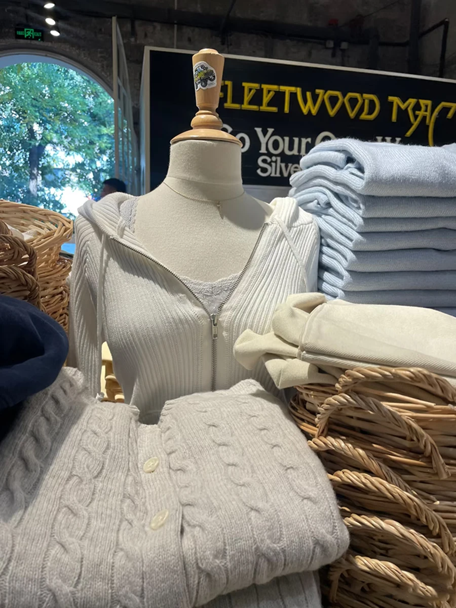 

White Knitted Double Zipper Cardigan Sweater Spring Drawstring Hooded Long Sleeve Sweaters Women Sweet Simple Slim Knitwear Coat