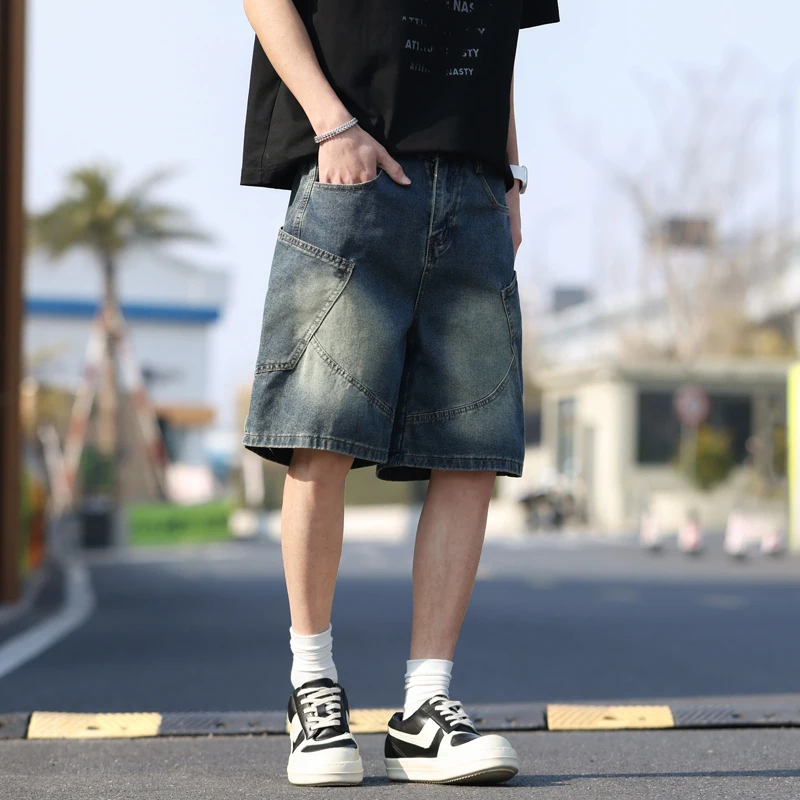 メンズヴィンテージルーズデニムショーツ Y2k ファッションカジュアルオーバーサイズショートカーゴパンツ夏の新ストリートストレートショートジーンズ男性