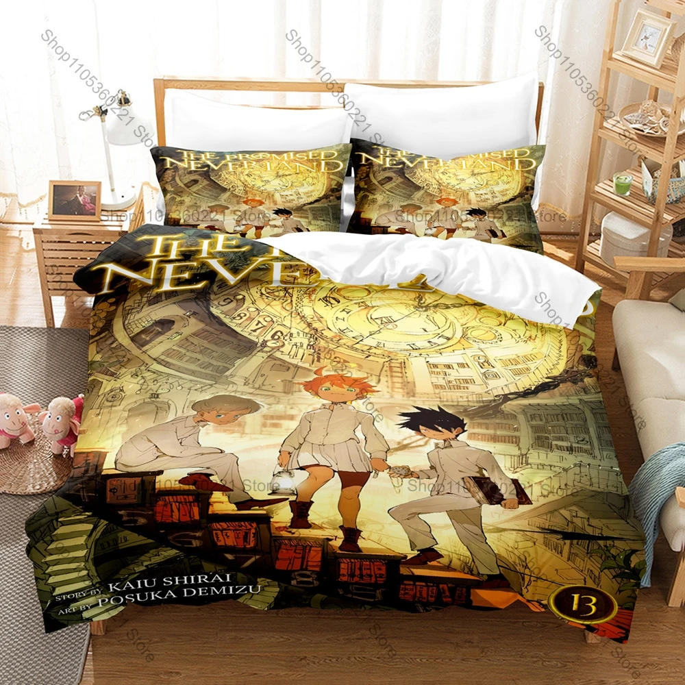 Cool The Promised Neverland Anime Print 3PCS Bedding Set Duvet Cover+2 Pillowcases Soft Polyester Bed Linen For Emma Norman Ray