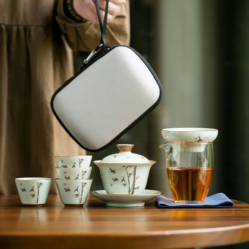 Sancai Covered Bowl Travel Tea Set One Pot Four Cups Quick Cup Bamboo Newspaper Unique Luxury Teapot Ceremony Gift Portable Set