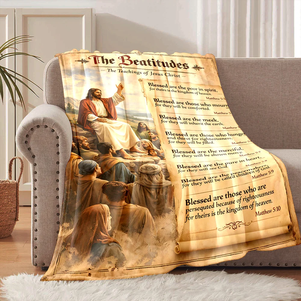 1PC Teachings of The Beatitudes Faith-printed Flannel Blanket Soft and Warm Suitable for Home Travel Picnics Camping and RV