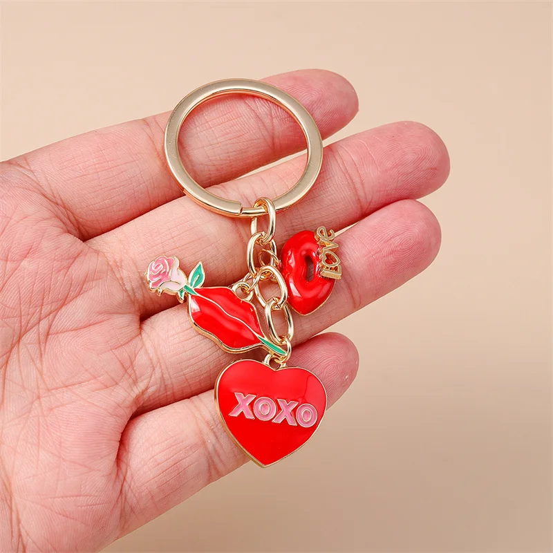 Niedlicher Schlüsselanhänger mit Herz, Emaille-Lippen und Rose für Damen und Herren, Auto-Schlüssel, Handtaschen-Anhänger, Schlüsselketten, DIY-Accessoires – Detail 12