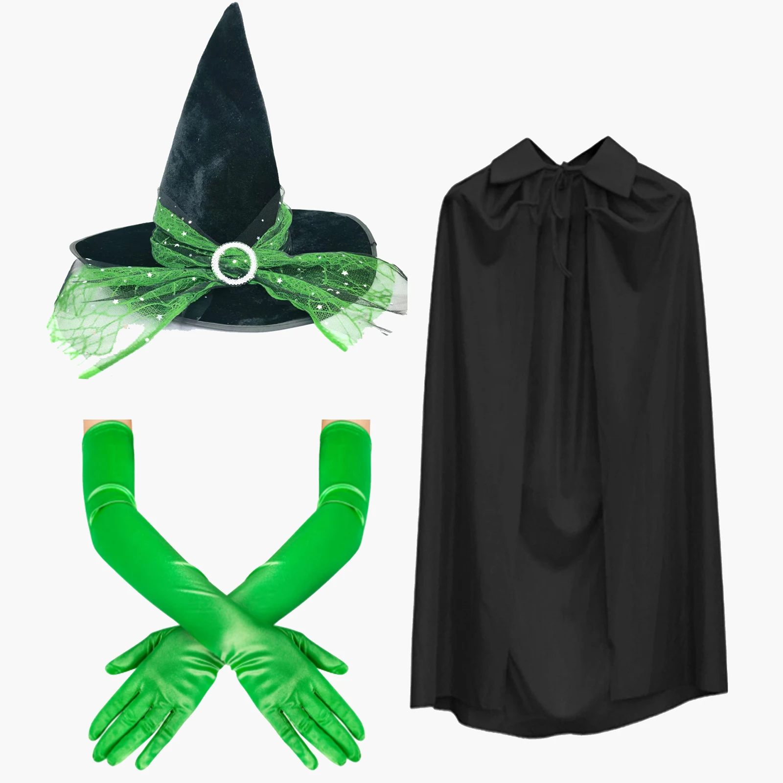 Halloween Heksenkostuum Halloween Cosplay Accessoires Heksenkaap met hoed Lange handschoenen en maskers Complete themafeestoutfitset