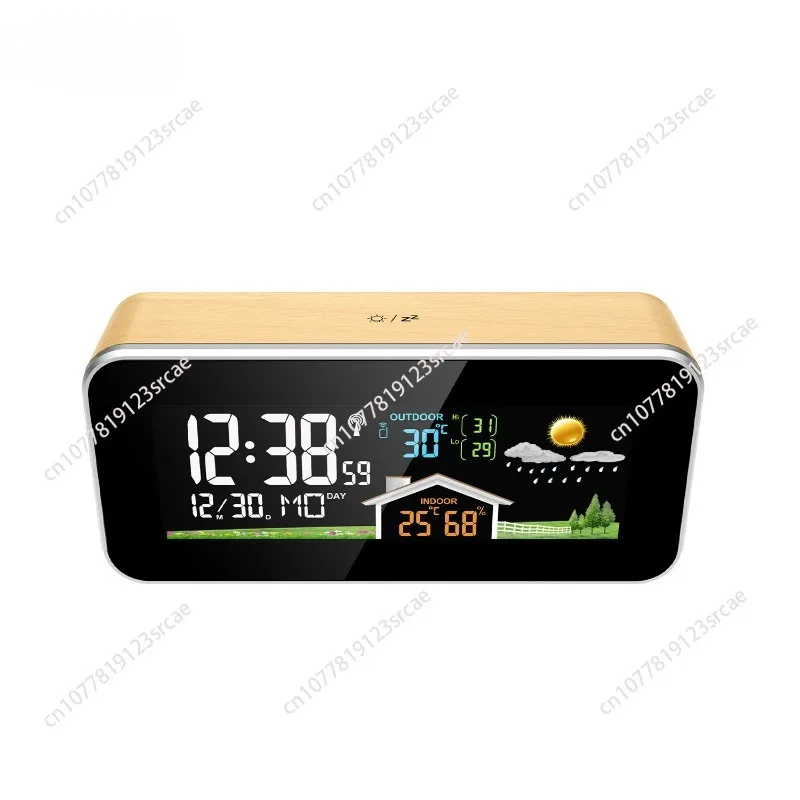 2PCS Smart Wireless Weather Station Wooden Alarm Clock Indoor Outdoor Thermometer Sensor HD Color Screen Display Temperature