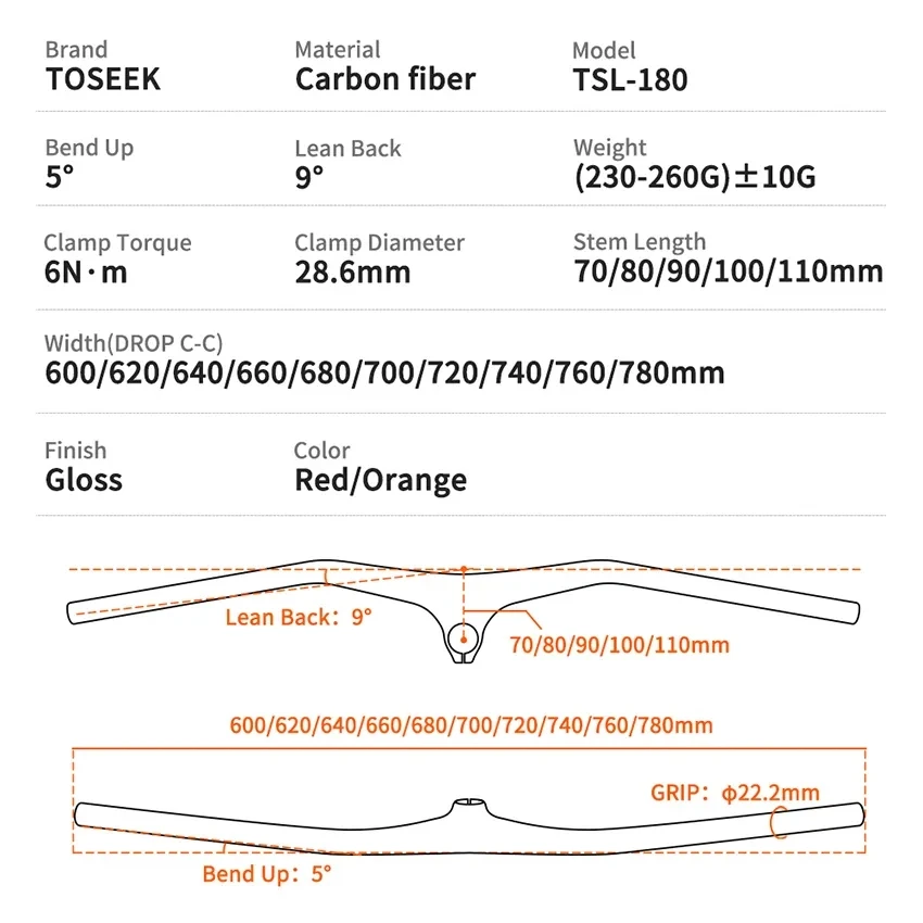 TOSEEK TSL180 Carbon MTB Integrated Handlebar -10 Degrees Bike Mountain One-Shaped Handlebar Stem For Fork Diameter 28.6mm