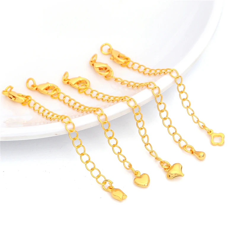 7cm 1PC/5Pcs 18K Real Gold Plated Heart Pendant with Lobster Extended Tail Chain Connectors For Jewelry Making DIY