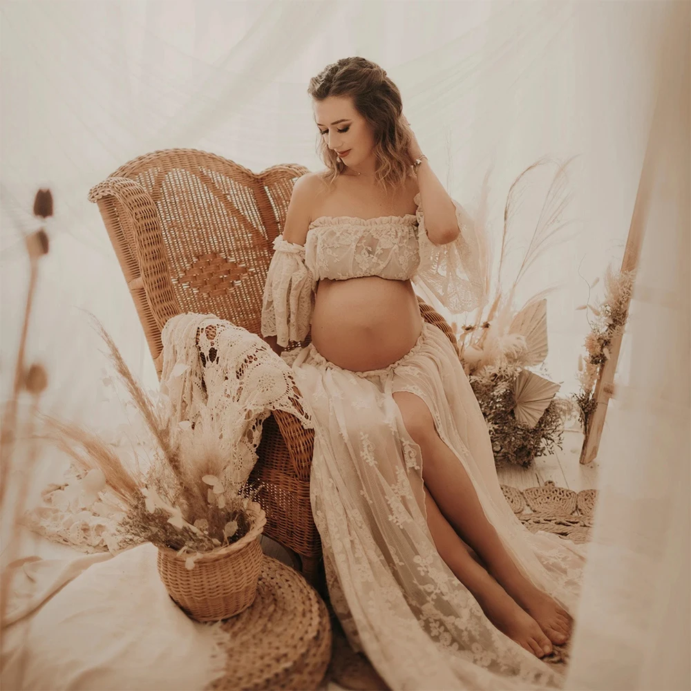 Summer Long Dresses Maternity Photoshoot Dress Sheer Flowy Tulle Embroidered Off-Shoulder 2 Pc Set For Baby Shower Photography