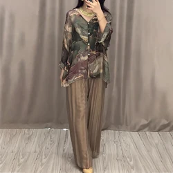 Retro Marble Print Loose Women Outfit Spring V Neck Button Blouse Shirt & Pleated Pants 2pcs Autumn Long Sleeve Female Suits Set