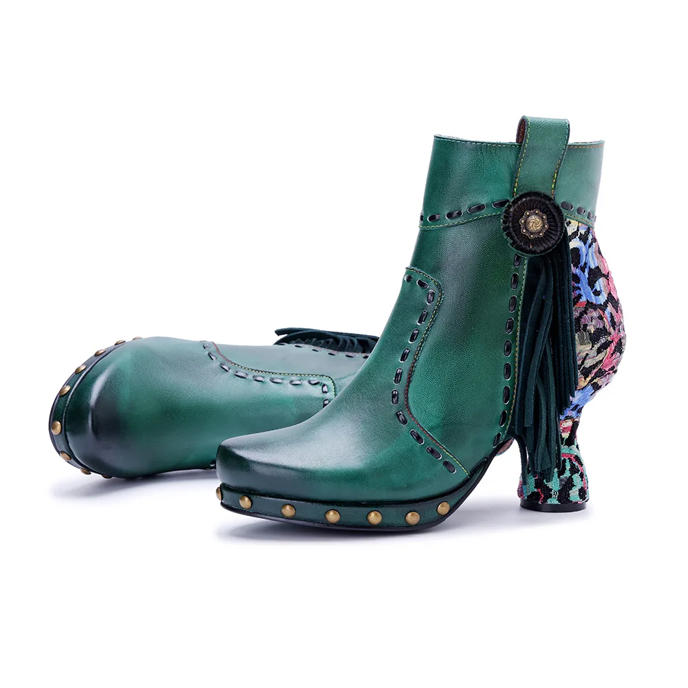 Botas femininas de couro genuíno feitas à mão com retalhos estampados outono inverno newtassel moda salto alto botas de tornozelo