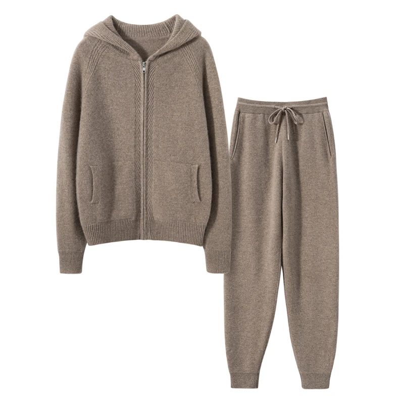 

Women 100% Cashmere Suit Hoodie Cadigan Sweater Sport Pants Autumn Winter Thick Cashmere Knitwear Casual Sweater Trousers Set